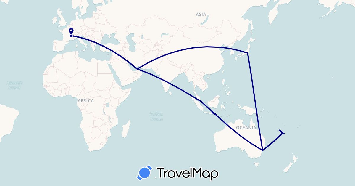 TravelMap itinerary: driving in United Arab Emirates, Australia, France, Indonesia, Japan, New Caledonia, Singapore (Asia, Europe, Oceania)